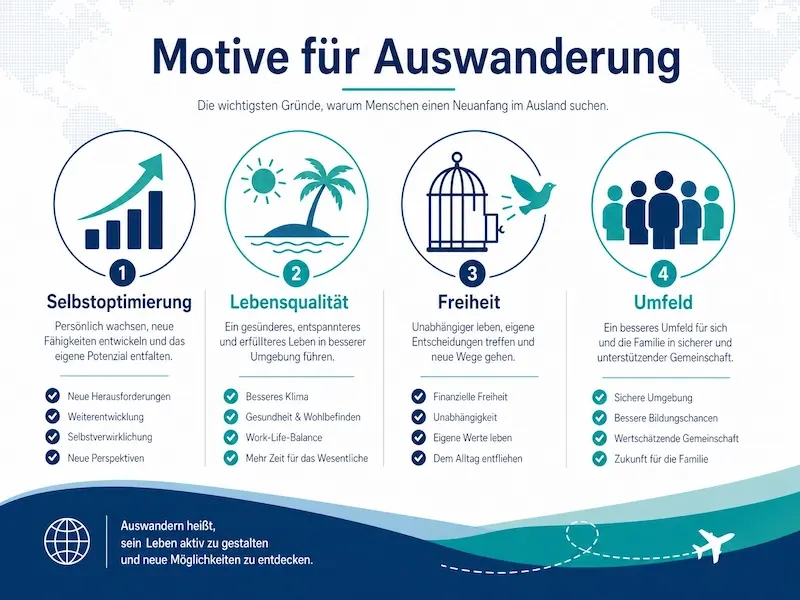 Infografik zu Motiven für Auswanderung wie Freiheit und Lebensqualität